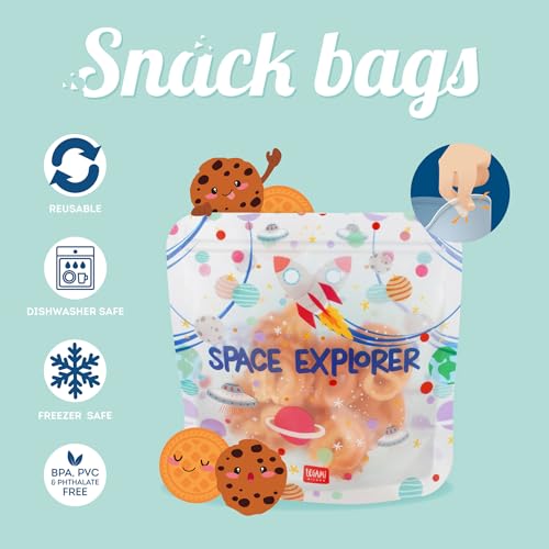 Legami Set mit 3 Lebensmittelbeuteln, 3 verschiedene Größen S, M, L, wiederverschließbar, wiederverwendbar, spülmaschinenfest, praktische Snack-Taschen, Space