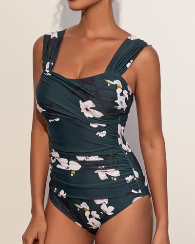 VECENEY One Piece Bathing Suit for Women Tummy Control Swimsuits Square Neck Ruched Modest Swimwear Floral Green L - 1