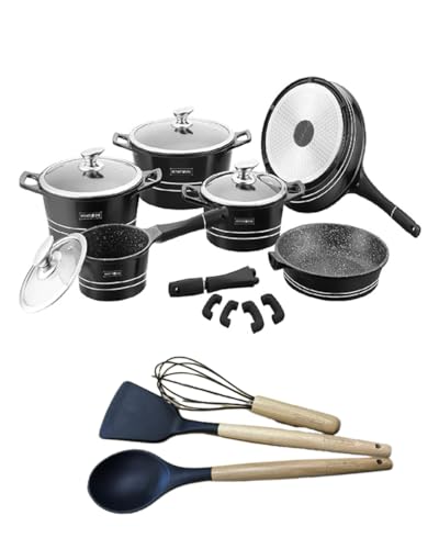Set Pentole Batteria Padelle 14 Pezzi Professionale Alluminio Antiaderente Rivestimento In Pietra Lavica Piano Induzione e gas Coperchi in Vetro Utensili Inclusi Colore Nero