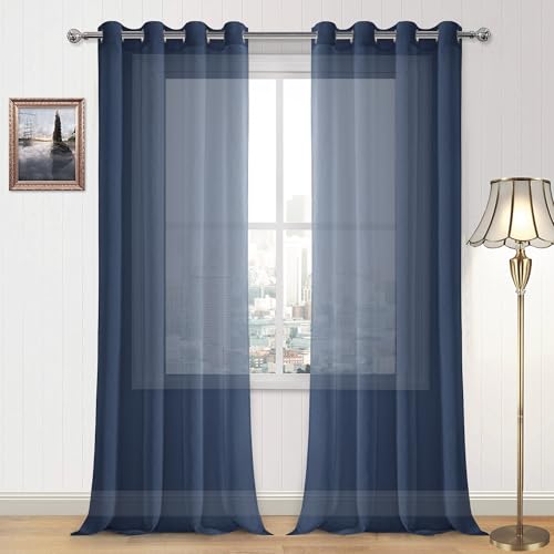 DWCN Navy Blue Faux Linen Sheer Curtains - Grommet Voile