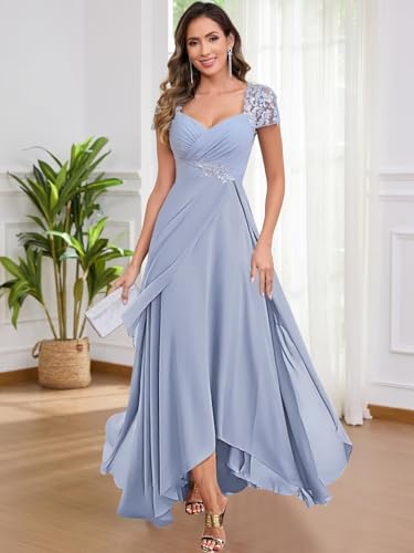 Chiffon Tea Length Mother of The Bride Dresses for Women A Line V Neck Lace Formal Evening Dress with Sleeves3