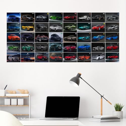 Image of Super Cars Poster Pack of 40 - Room Decor Aesthetic Stuff, Wall Stickers For Home Decoration of Living Room, Bedroom & Office For Motor Sport Enthusiasts - With Glue Dots