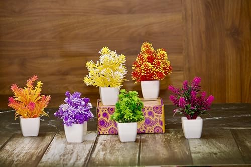 Image of JH Gallery Artificial Flower with Pot - Small Potted Faux Plants for Home Decor and Office Decor - Realistic Floral Decor, Perfect Home Decoration Items for Every Occasion. (Pack of 6)