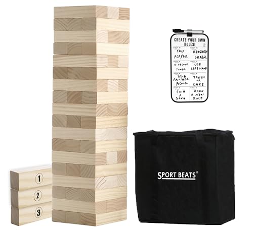 Outdoor Games Large Tower Stacking Game, 54 Wooden Blocks, Stack Up to 4 Ft Tall, Includes Carry Bag and Scoreboard, Backyard and Beach Lawn Yard Fun for Adults and Family