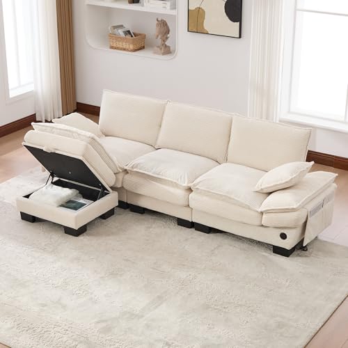 MODENVIE Sofá modular de 3 plazas con 1 taburete, asiento ancho ergonómico, sofá de salón con conexión -C, sofá de salón con bolsillos laterales, color beige
