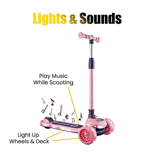 Think Gizmos Kids Light Up Musical Scooter – 3 Wheeled Lean to Steer Kick Scooter with Adjustable Handles, Anti-Slip Deck, Flashing Wheels and Plays Music - Pink