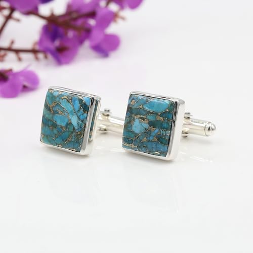 Spine Oyster/Blue Copper Turquoise Cufflinks for Men – Natural Gemstone in 925 Silver, Groom Wedding Jewelry Gift4