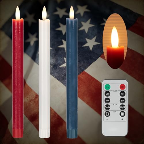 Image of JOIONE Patriotic Flameless Taper Candles with Remote, 3 Pack Red White Blue | Battery Operated, Red White Blue, Real Wax, Remote Control, Warm Flickering Glow, 4th of July Independence Day Party Decor
