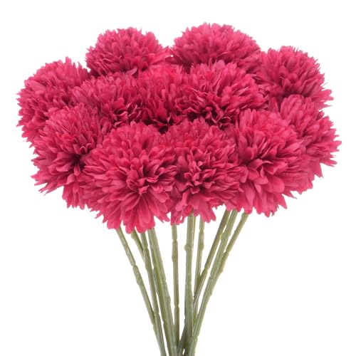M METERXITY 12-Pack Artificial Chrysanthemum Ball Flowers,11 Inch Faux Chrysanthemum Silk Bouquets Real Touch Faux Flowers for Home/Wedding/Christmas/Party[Rose Red]