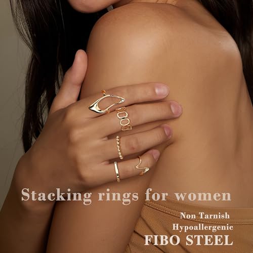 FIBO STEEL 9 Pcs Gold Chunky Rings for Women 18K Gold Plated Ring Set Dome Thick Open Rings Adjustable3