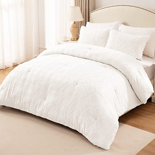 Whale Flotilla 3-Piece Tufted King Size Comforter Set, Soft Fluffy Shabby Chic Comforter For All Seasons, Farmhouse Boho Duvet Bedding Sets With 2 Pillow Shams, 90"X104", White #TOP2