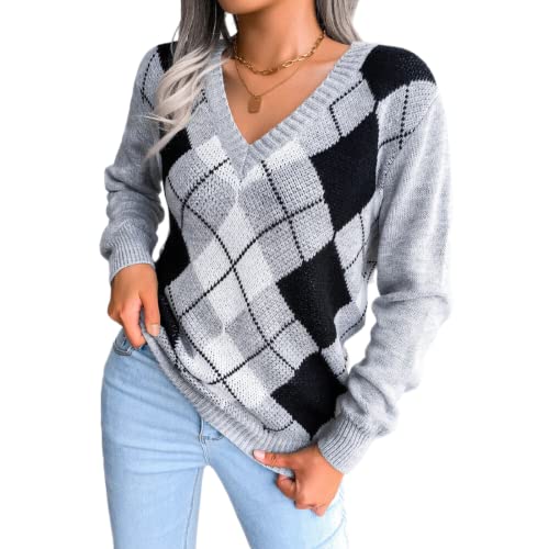 Women's Argyle Plaid Sweater Preppy Long Sleeve V-Neck Pullover Tops 90s Preppy England Style Knitwear(Grey-S)