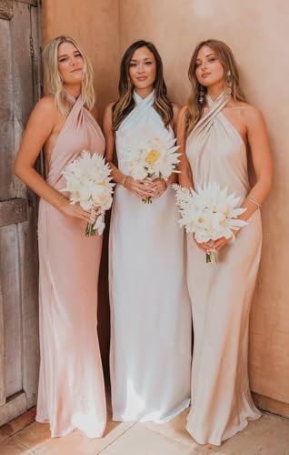 Satin Bridesmaid Dresses Halter Wedding Guest Dress Floor Length Formal Evening Cocktail Gown4