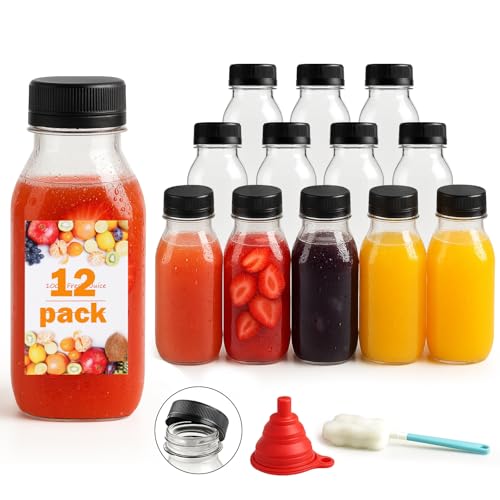 OAMCEG 12 Pack 8oz/237ml Juice Bottles with Lids - Clear Reusable Small Bottles for Milk Water Smoothies Shots - Ideal for Fridge Freezer Storage Home Cafes Parties Picnics Travel Events BBQs