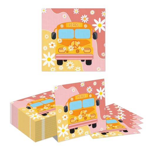 Auroriel 40 Serviettes de Fête Bus & Pâquerettes Serviettes en Papier Jetables Décoration de Table Anniversaire Enfant Fête Festival Décoration de Fête...