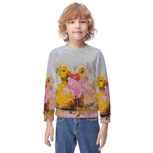 Yellow Ducks And Pink HeartChildren's Casual Pullover Sweatshirt Loose Fit10-12Y