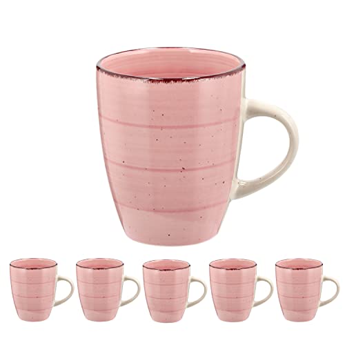 Kaffeebecher 6er Set | rosa 360ml 9x11cm Steingut | Bunte Tassen mit Henkel Tee Kaffee Glühwein | Keramiktasse für heiße Getränke (1 x 6er Set Becher rosa)