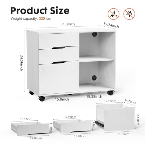 Image of Simple Deluxe 3 Drawer Rolling File Cabinet, Wood Printer Stand with Adjustable Shelf for Home Office Study Organizatiom, White