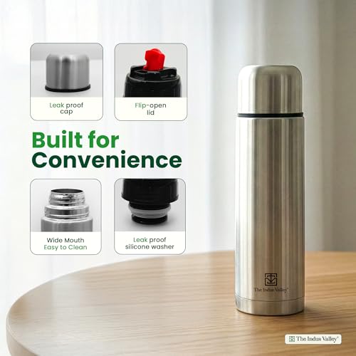 Image of The Indus Valley 1 Litre Stainless Steel Vacuum Insulated Bullet Flask with Flip Lid - Double Wall, Keeps Drinks Hot & Cold, Leak-Proof, Rust-Proof for School, Office, Gym & Travel