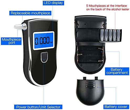 Flyhood Alcohol Breathalyser, Portable Digital Alcohol Tester with 16 Mouthpieces Semiconductor Sensor, Alcohol Detector with LCD Display