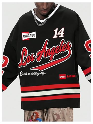 Men's Jersey Shirts Striped Letter Printed T Shirts V Neck Long Sleeve Tee Streetwear Oversized Football Top3