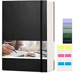 EMSHOI Notebook A4-400 Pages 100GSM Thick Ruled Notepad, Large Lined Journal Vegan Leather Softcover Daily Note Book for Women Men Work School Office Writing, Sticky Notes (21.5 x 27.9cm, Black)