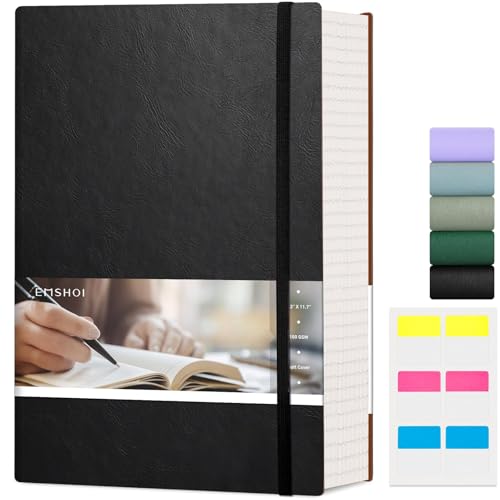 EMSHOI Notebook A4-400 Pages 100GSM Thick Ruled Notepad, Large Lined Journal Vegan Leather Softcover Daily Note Book for Women Men Work School Office Writing, Sticky Notes (21.5 x 27.9cm, Black)