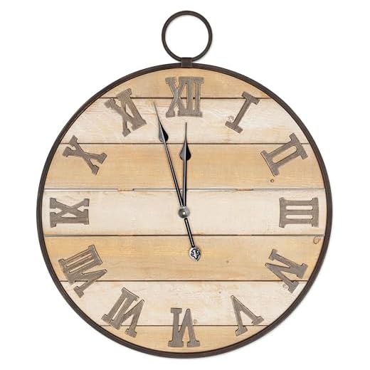 Large Wooden Wall Clock - Antique, Vintage, Rustic, Country Farmhouse Style - Real Wood - Iron Roman Numeral Design - Built-in Wall Hanging Ring - 23.5" x 28"