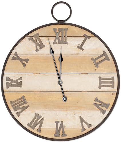 Olden Days Grande orologio da parete in legno, antico, vintage, rustico, rustico, in vero legno, design con numeri romani in ferro, anello da appendere alla parete, 59,7 x 71,1 cm