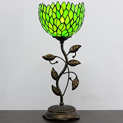 Rhlamps Small Tiffany Lamp W8H19 Inch Green Wisteria Style Mini Stained Glass Table Lamp Bronze Metal Leaf Base Desk Torchiere Uplight Decor Living Room Bedroom #TOP4