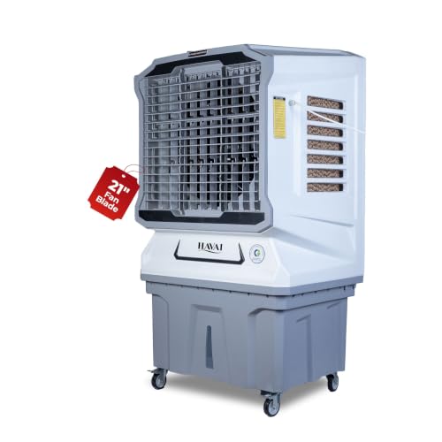 Image of Havai Cyclone Desert Air Cooler | 21" Fan Blade | 150L Tank Capacity | 330W High-Performance Cooling | 750 Sq. Ft. Coverage | Auto Swing | 3-Side Honeycomb Pads | Lockable Wheels | White & Grey