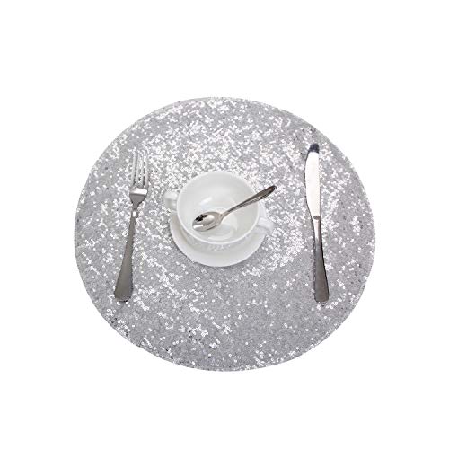 Party Delight Sequin Placemats for Baby Shower Wedding Dining Room Table mats, Set of 6, Silver, 15'' Round