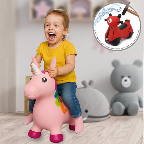 JAMARA 460316 Hüpftier Einhorn HoppyDoo - Spielzeug für Kinder, Hüpfspielzeug Baby Indoor/Outdoor, Geschenk für Kids, Gartenspielzeug, Bouncing, Pflegeleicht, BPA frei, mit Pumpe