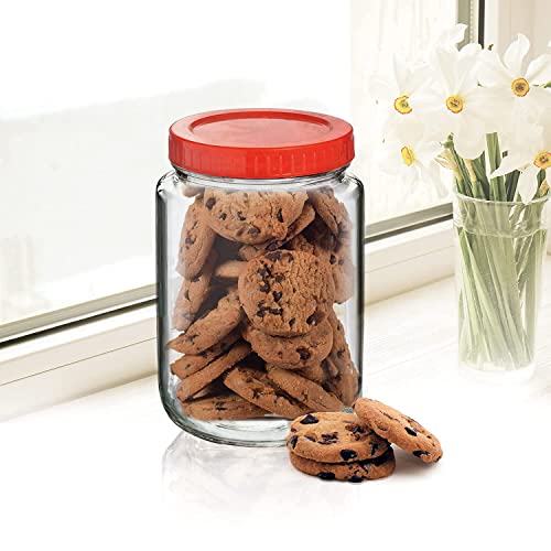 Image of Brezzycloud Piraml Glass Round Shape Transparent Glass Jars & Containers for Kitchen Pantry, Snacks, Dry Fruits, Coffee Beans Storage 1kg glassjar with Red Color Plastic Lid (Set Of 4) (1000ml, round)