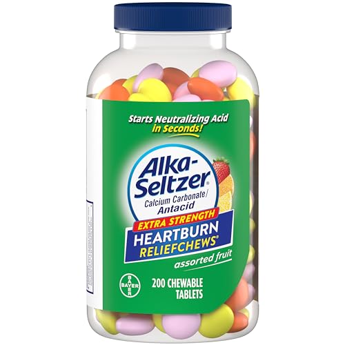 Alka-Seltzer Extra Strength Heartburn Relief Chews, Assorted Fruit Antacid Tablets for Acid Indigestion, Upset and Sour Stomach, 200 Count (Pack of 1) - Packaging May Vary