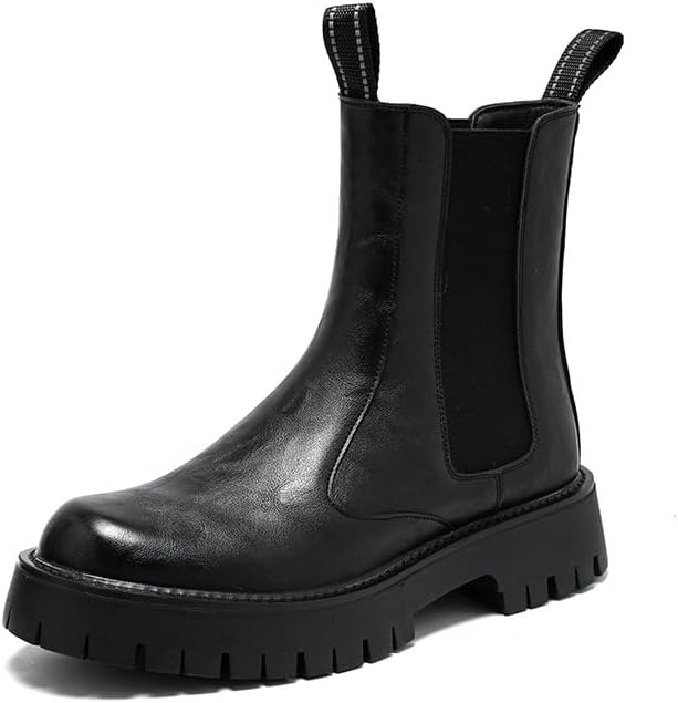 XEDGMSGS Men's Leather Platform Chelsea Boots Lug Sole Chunky Heel Brogue Dress Ankle Boots Round Toe Retro Slip-On Oxfords Boot