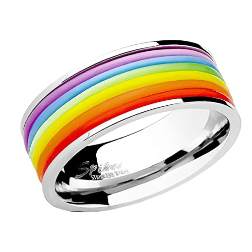 Taffstyle Herren Band Ring Edelstahl poliert mit Silikon Streifen Bandring Herrenring Partnerring Biker Silber Regenbogen Rainbow Größe 62 (19.7)
