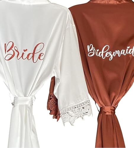 Personalized Lace Robe For Women Short Getting Ready Robe with Vinyl Matte Satin Kimono Robes Customized Bridesmaid and Bride Robes Lace Bridal Robes Bridesmaids Party