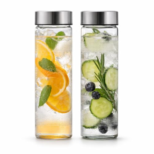 Image of CROCO JAR Wide Mouth Glass Water Bottle 750ml - Leak-Proof Airtight Double Layer Stainless Steel Lid, Durable Reusable Bottle For Water, Smoothies, Juices | Set of 2