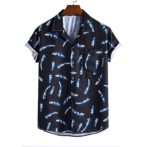 Chemise tropicale boutonnée bleu marine à feuilles peintes style vintage chic décontracté