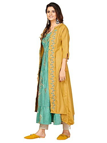 Image of Vbuyz Women's Printed & Embroidered Anarkali Blue Viscose Rayon Kurta With Musturd Cotton Stylish Shrug |Women Kurtas|Stylish Shrug Kurta set|Shrug set|kurta for women