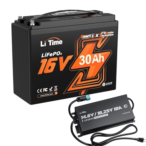 Litime Pro-Level 16V 30Ah Lithium Fish Finder Battery with 10A Charger Bluetooth 5.0 Perfect for Garmin Livescope Lowrance ActiveTarget Humminbird Mega Live