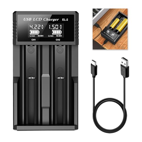 Cargador Bateria 18650, Cargador Pilas para 21700 20700 26650 26700 con Placa de Protección PCB, Cargador Inteligente Multifuncional de Baterías Recargables Ni-MH Li-Ion con Cable de Carga USB C