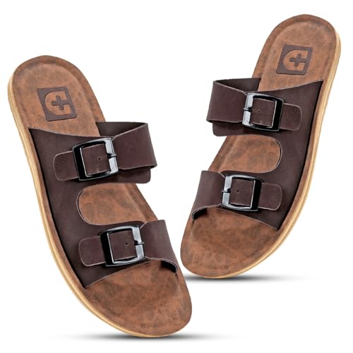 Image of Men Comfortable Double Strap Slippers with Cushioned Footbed, Adjustable Buckle Design, Lightweight Everyday Wear Slippers for Indoor Outdoor Use