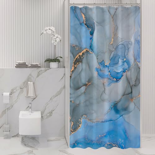 Gibelle Small Stall Shower Curtain 36 x 72, Narrow Half Abstract Blue Grey Marble Shower Curtain, Modern Ink Art Waterproof Fabric Shower Curtain Set
