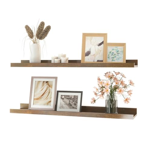 Image of Brown Floating Shelves for Wall Decor, 30 in Shelf with Lip Set of 2 | 4.5 inch Deep Display Picture Ledge Shelf, Long Wall Mounted Storage Shelves for Bedroom, Bathroom, Living Room, Kitchen, Nursery