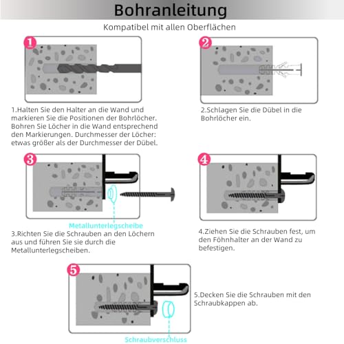 Bowyune Föhn Halterung für Haartrockner und Glätteisen, Edelstahl Fönhalter Ohne Bohren, Fönhalter Wand Ohne Bohren, Föhn und Glätteisen Halterung Bohren für Bad Barbershop Hotel Schwarz