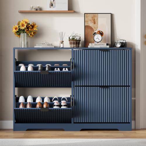 Image of HUANLEGO Shoe Cabinet Storage for Entryway with 4 Flip Drawer, Blue | Fluted Shoe Cabinet with Adjustable Shelves, Hidden Shoe Rack for Entryway, Freestanding Narrow Shoe Organizer for Hallway