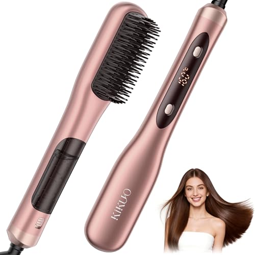 Kikuo Steam Hair Straightener Brush, Steamline Pro 3 in 1 Straightening Brush, Curly & Frizzy Hair,Smooth Without Flattening, 5 Temp Settings & LED Display, Dual Voltage, Professional Styling Tools, Orange