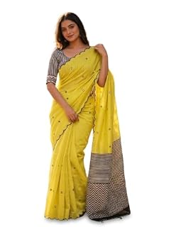 Women's Linen Cotton Saree, Yellow